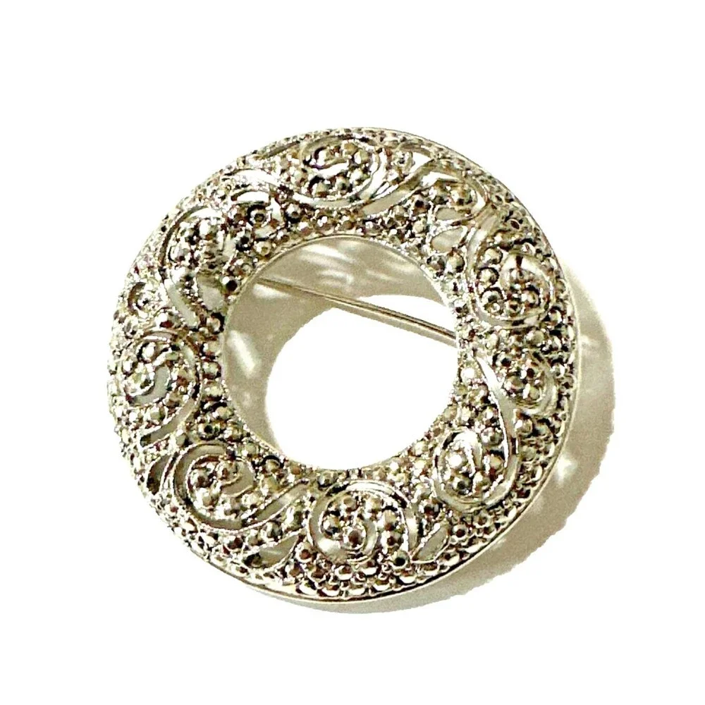 Vintage Liz Claiborne First Issue Filigree Brooch Faux Marcasite Silver Tone Pin